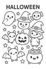 Cartoon funny vector icon set with smiling faces and playful characters collection - Halloween doodle coloring
