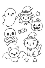 Funny cartoon character set with cute smiling kids and faces vector illustration - Halloween doodle coloring