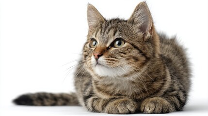 Fototapeta premium Studio portrait of a sitting tabby cat looking forward against a white back ground
