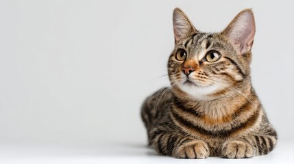 Obraz premium Studio portrait of a sitting tabby cat looking forward against a white back ground