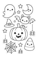 Halloween Monsters Cartoon Vector Set for Kids Coloring Book Icons