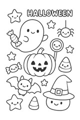 Fototapeta premium Happy cartoon kids and smiling together vector illustration - Halloween doodle coloring