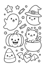 Funny cartoon characters set with cute smiling faces and playful design icons - Halloween doodle coloring