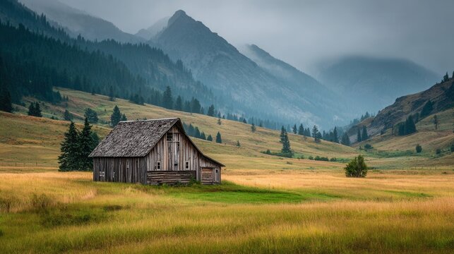 Isolated brown barn on grassy hill in foggy rural landscape - Powered by Adobe