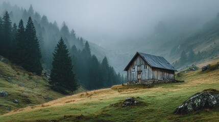 Obraz premium Single wooden barn above misty peaks at early sunrise