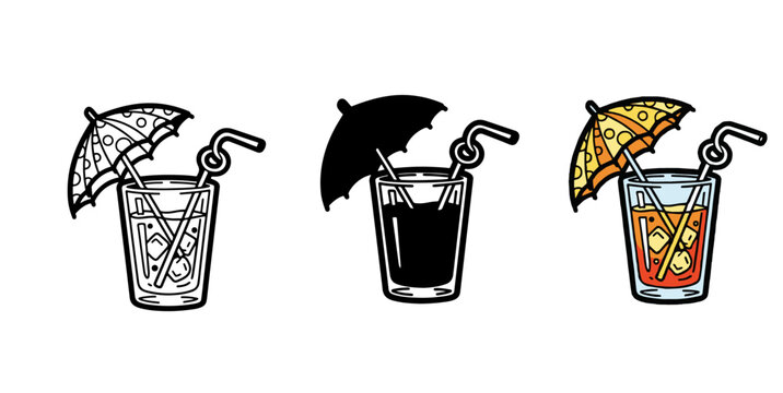 Tropical Cocktail Drink Icon Set - Silhouette, Line Art, and Color, Summer Vacation Beverage Graphic Bundle with Umbrella, bar menus, travel agencies, summer event flyers, vacation themes, or beverage