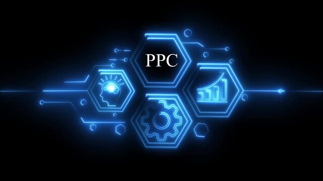 Pay Per Click Digital Marketing Strategy Growth Brainstorming Gear Icon Analytics Chart Neon Blue Hexagons Network Connections Dark Background