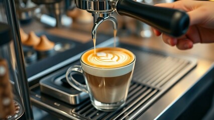 Coffee Barista Profession, Pulling Espresso Shot for Cappuccino Service Detail