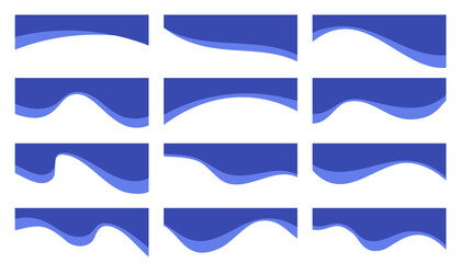 Abstract blue header shapes on white background. Vector border elements and wavy frame for website. Top form, modern bottom and curved divider for banner and certificate.