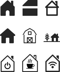 Black and white icons of various house types including smart homes, barns, suburban homes, and abstract architectural symbols