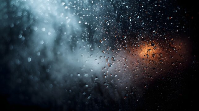 Close up ro view of numerous water droplets on a dark wet glass window pane with atmospheric mist and blurred orange background lights