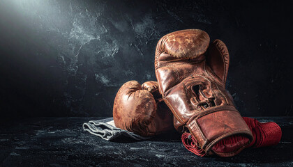 Worn boxing gloves with training equipment such as hand wraps, punching mitts, and towel on a textured black surface