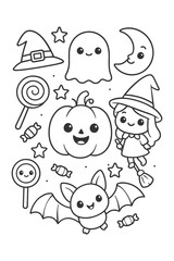 Funny cartoon vector icons of smiling faces for children coloring book - Halloween doodle