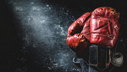 Worn boxing gloves with training equipment such as hand wraps, punching mitts, and towel on a textured black surface