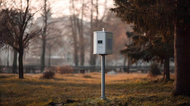 A sleek white environmental monitoring station on a metal pole in a park surrounded by dry grass and trees during soft ambient light