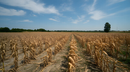 Vast dry cornfield under a bright blue sky with scattered clouds and a lone tree.
