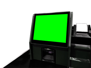 Abstract futuristic modern on self-service feature check out, an increasingly common feature of modern large supermarket chains isolated on white with alpha green screen background.