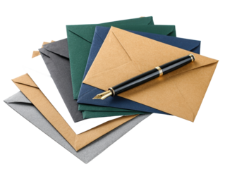 Collection of colorful envelopes with a pen.