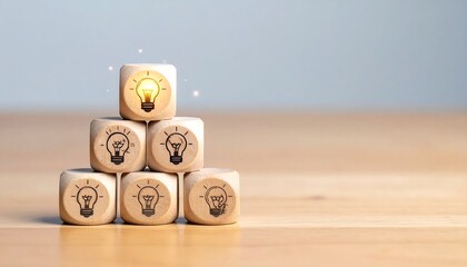 Wooden blocks, lightbulb symbols, pyramid shape, innovation
