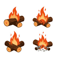 Burning campfire with glowing logs, cozy bonfire flames for camping, hiking, and outdoor adventure concept design