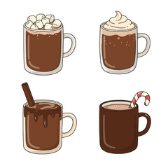 Hot chocolate mugs with whipped cream and marshmallows, cozy winter drink set for festive holiday vibes illustration