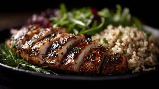 Sliced grilled chicken breast with brown rice and a fresh green salad on a dark plate