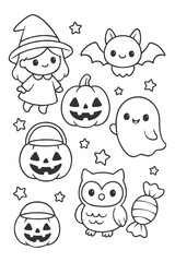 Cartoon icons set with cute funny smiling faces including characters collection vector illustration - Halloween doodle coloring