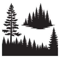 Fototapeta premium Silhouette collection of various pine trees and forest landscapes in black and white