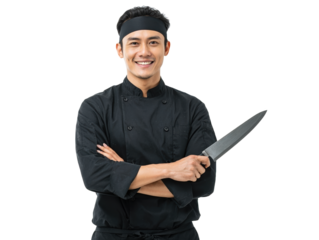 Smiling chef holds knife with confidence