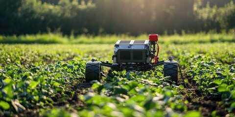 A small, silver robot with a red sensor on top, driving through a field of green plants, with a blurred background of trees and a setting sun.