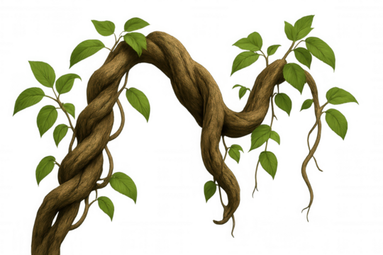 Lush jungle liana vine twisting around a thick branch with tropical green leaves, botanical illustration
