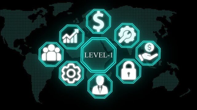 Digital skills infographic concept with glowing icons for finance growth collaboration security and data management on dark background with neon circuit lines