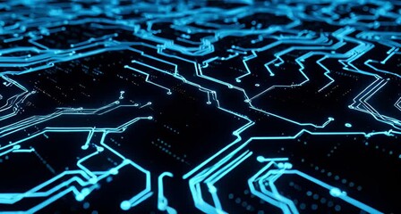 Closeup view of a glowing blue circuit board with intricate pathways and connections, representing digital technology and data flow animated 4k video - Powered by Adobe