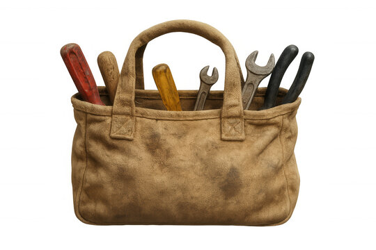 Brown canvas tool bag holding various hand tools, symbolizing handyman work, maintenance, and repair services on transparent background