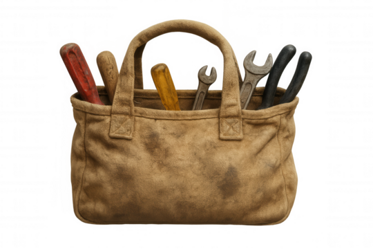 Brown canvas tool bag holding various hand tools, symbolizing handyman work, maintenance, and repair services on transparent background - Powered by Adobe