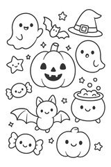 Cartoon Icons Set Cute Funny Vector Illustration Collection - Halloween doodle coloring