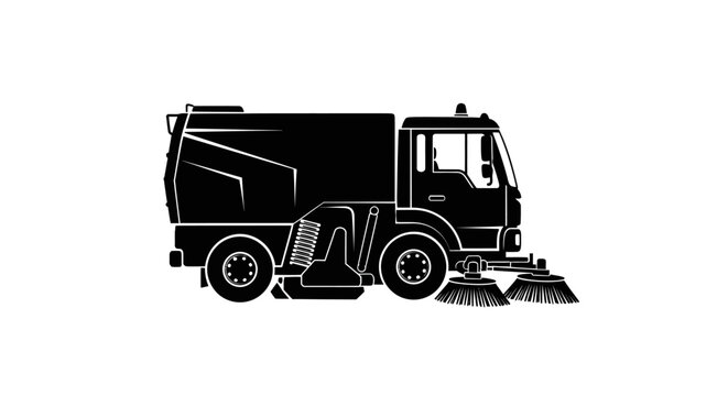 Dynamic black silhouette of a modern street sweeper truck engaged in routine urban cleaning and maintenance