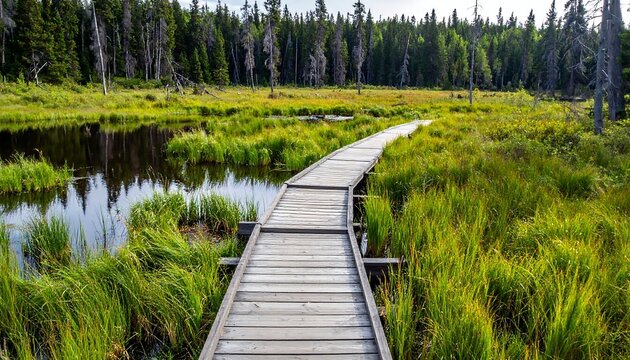 Wooden boardwalk through a marsh, forest background - Powered by Adobe