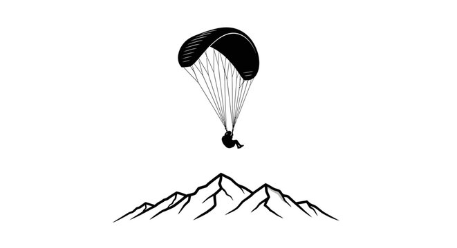 Serene aerial silhouette of a paraglider soaring gracefully above a majestic mountain range landscape