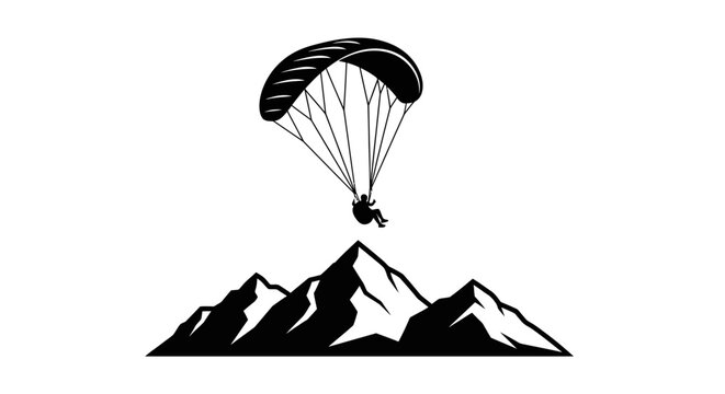 Graceful aerial silhouette of a lone paraglider floating peacefully over a serene mountain peak vista