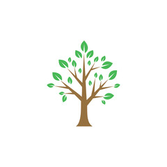 Stylized tree illustration with a brown trunk and vibrant green leaves on a white background.