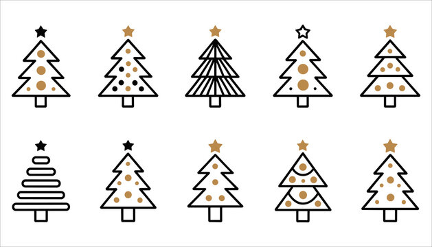 Christmas Tree Vector Set, Holiday Decoration Icons, Minimal Xmas Line Art Illustration, Christmas Tree Icons, Minimal Holiday Vector Illustration, Modern New Year Decoration Design.