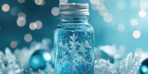 A blue jar with a snowflake design, filled with a blue liquid, surrounded by snowflakes and blue ornaments on a blue background with bokeh effects.