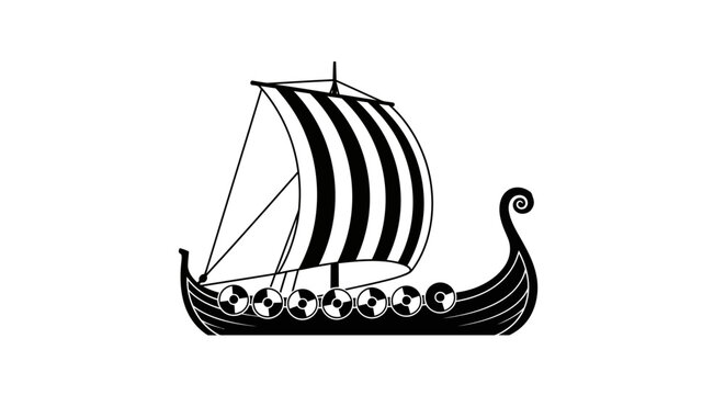 Historical silhouette of an ancient Viking longship, a drakkar, with its iconic sail on the open sea