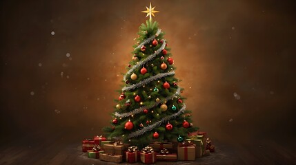Golden luxury Christmas tree  - christmas tree with christmas decorations - tree with gifts - decorated fir tree