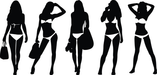 Black silhouette icons of women in bikinis holding bags, showcasing summer fashion poses for beach and lifestyle themes