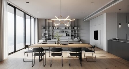 Openplan living and dining area with a large bookshelf, comfortable sofa, and a modern dining set animated 4k video
