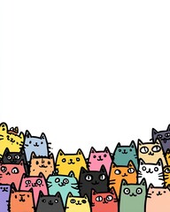 Naklejka premium A colorful border features cartoon cat faces in various hues, against a white background