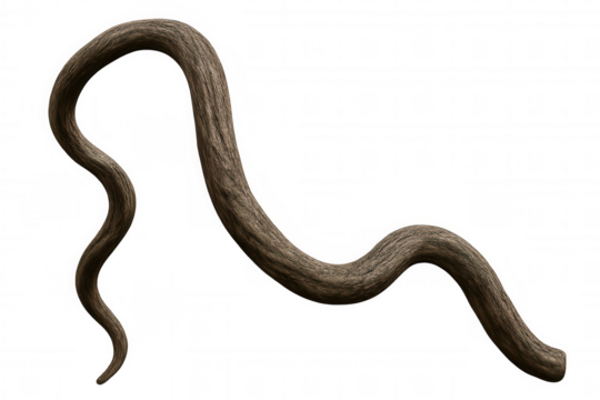 Brown monkey tail with furry texture curving, isolated as an animal appendage on transparent background