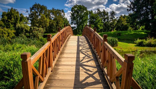Wooden bridge over tranquil pond, sunny park